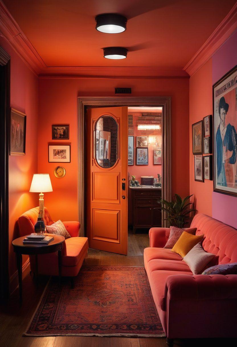 A dimly lit room with a vintage door slightly ajar, casting mysterious shadows. Inside, glimpses of contrasting elements: a soft-lit living room on one side symbolizing intimacy, and a neon-lit entertainment area on the other showcasing adult entertainment. Subtle symbols of societal change, like a newspaper with headlines about the impact of this industry, blending into the background. The atmosphere should evoke curiosity and introspection. moody lighting. surreal. vintage style.